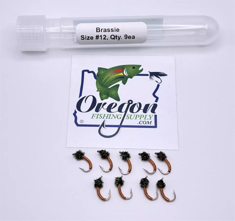 Brown color Brassie Nymph #12 in a protective tube by OFS for freshwater fishes, trout, bass, steelhead