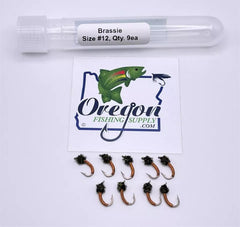 Brown color Brassie Nymph #12 in a protective tube by OFS for freshwater fishes, trout, bass, steelhead