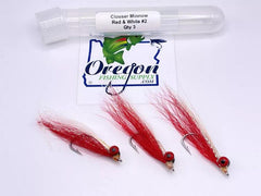 Clouser Minnow Red & White, 3 flies in a protective tube by OFS for Saltwater, Freshwater, Barracuda, Bluefish, Northern pike, Striped Bass