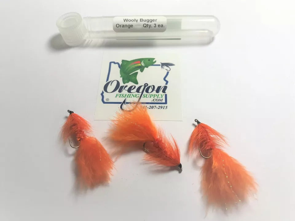 Wooly Bugger orange streamer, #6 and #8, 3 Fly in a protective tube by OFS for Freshwater, Trout, Bass, Steelhead/Salmon