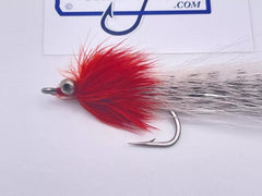 closeup image of Blanton's Flashtail Whistler Red & White fly fishing fly by OFS size #2/0