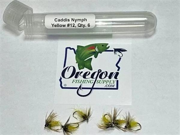 Caddis yellow Nymph in a protective tube by OFS for freshwater and Trouts