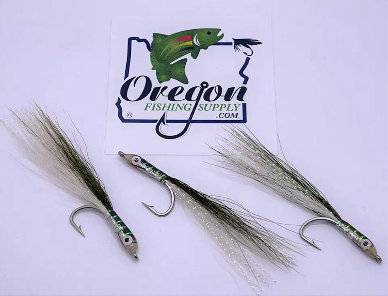 Epoxy Baitfish Olive & White size 2 & 4 by OFS for Saltwater, Freshwater, Barracuda, Bluefish, Northern pike, Striped Bass.