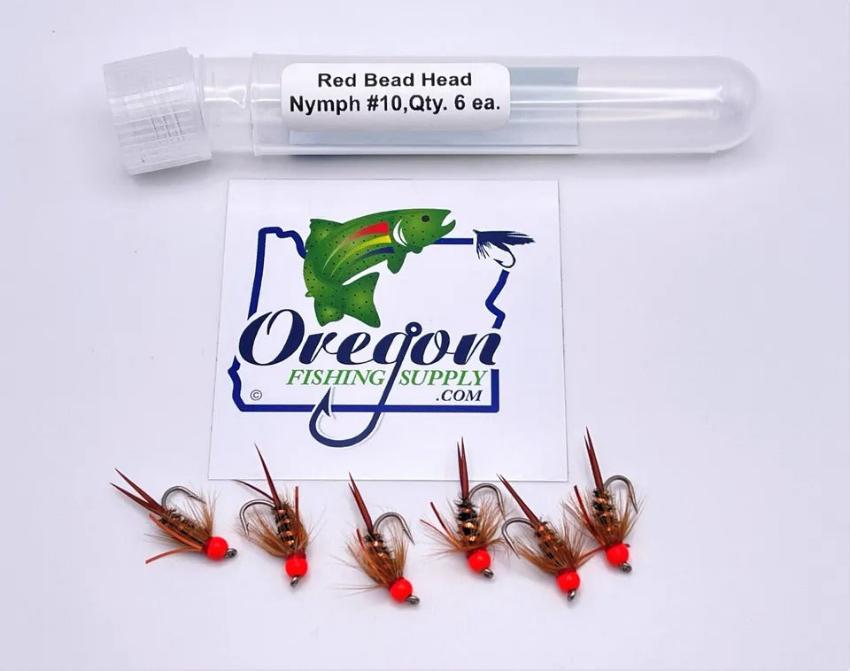 Red Beadhead Nymph, 6 Fly in a protective tube by OFS for Freshwater, Trout, Bass, Steelhead/Salmon