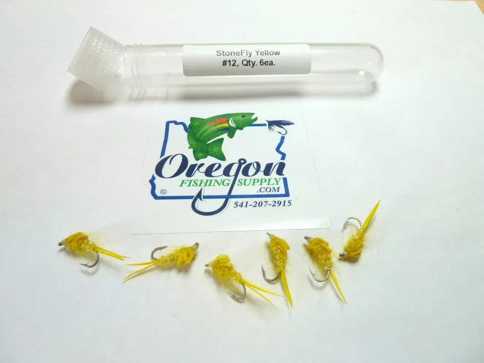 StoneFly Yellow Nymph Fly #12, 6 Flies in a protective tube, by OFS for Freshwater, Trout, Bass, Steelhead/Salmon