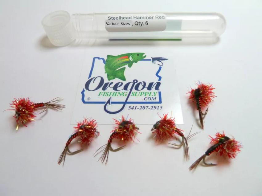 Steelhead Hammer Red #8 and #10, 6 Flies in a protective tube, by OFS for Freshwater, Trout, Bass, Steelhead/Salmon